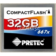 �Compact Flash 32GB Pretec 667X - 100 MB/s Metalowa obudowa CF Typ I  przedstawia grafika.