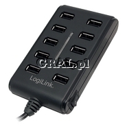 Hub USB 10-portw USB 2.0 LogiLink UA0125 z zasilaczem przedstawia grafika.